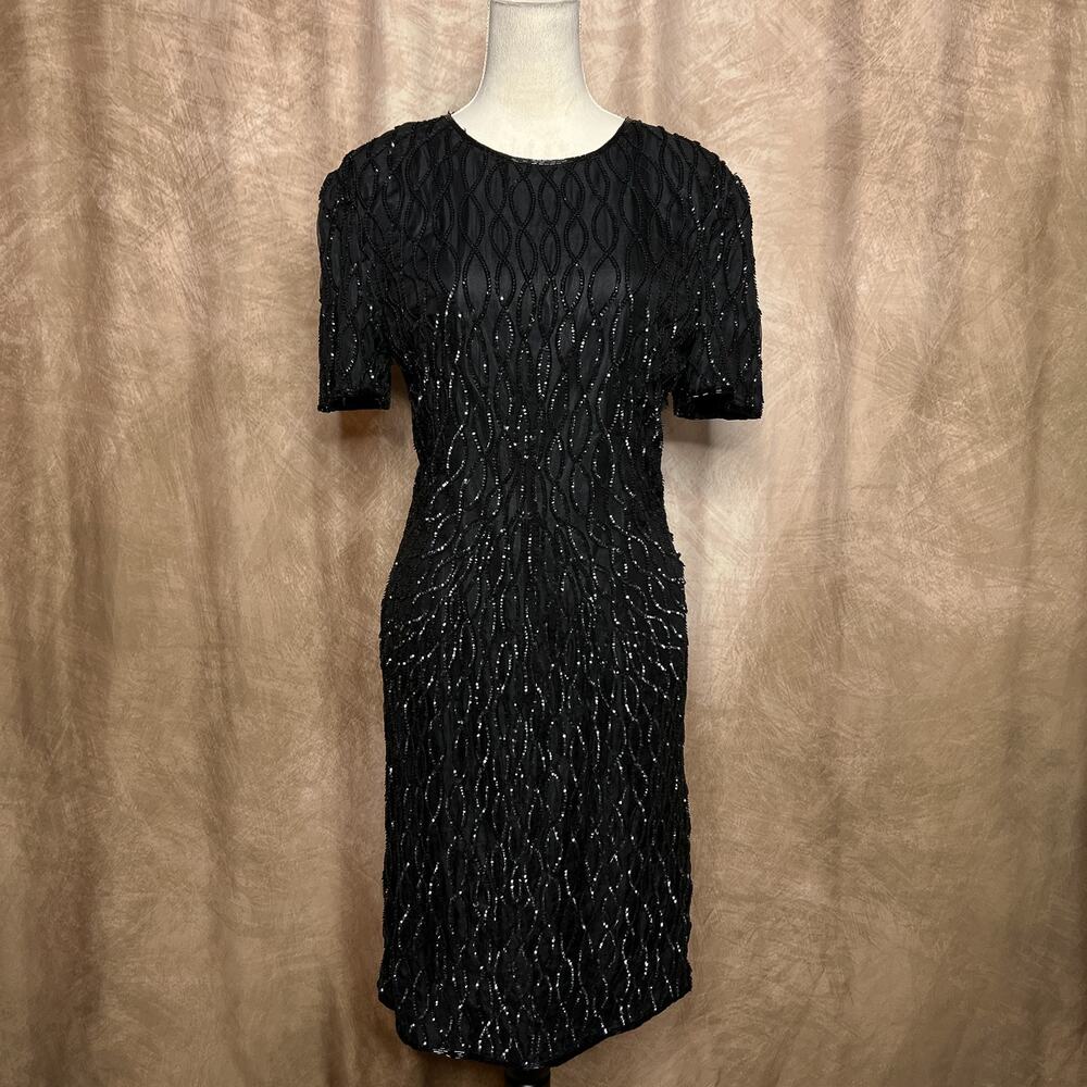 Vintage 90s American Night Sequined Sheath Dress Midi Black Silk Goth Couture